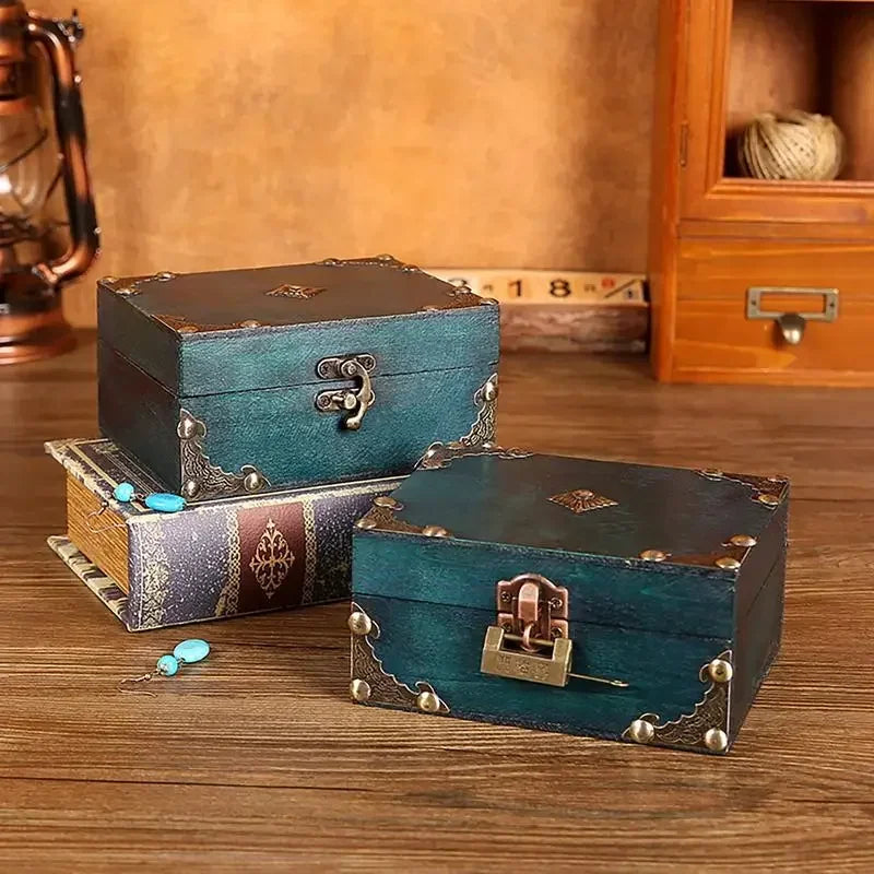 Teal vintage-style wooden treasure box with brass hardware and decorative corners for compact size home decor