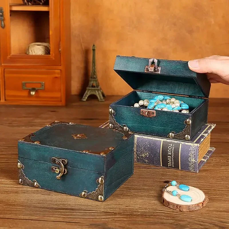 Teal vintage-style wooden treasure box with brass hardware and decorative corners ideal for compact size home decor