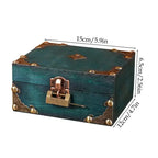 Teal wooden treasure box with brass accents and padlock, compact size for elegant home decor and storage
