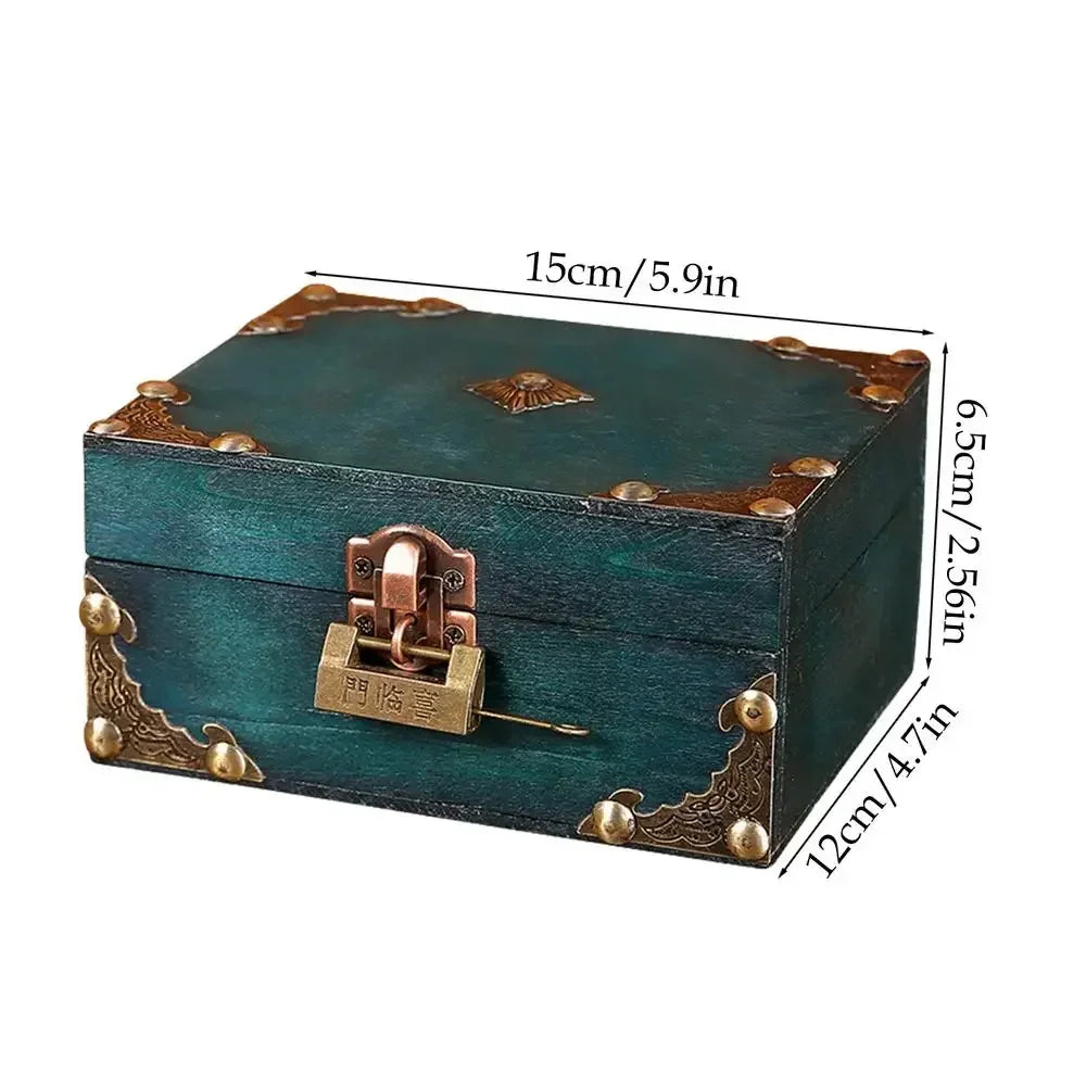 Teal vintage-style wooden treasure box with brass accents and padlock in compact size for elegant home decor
