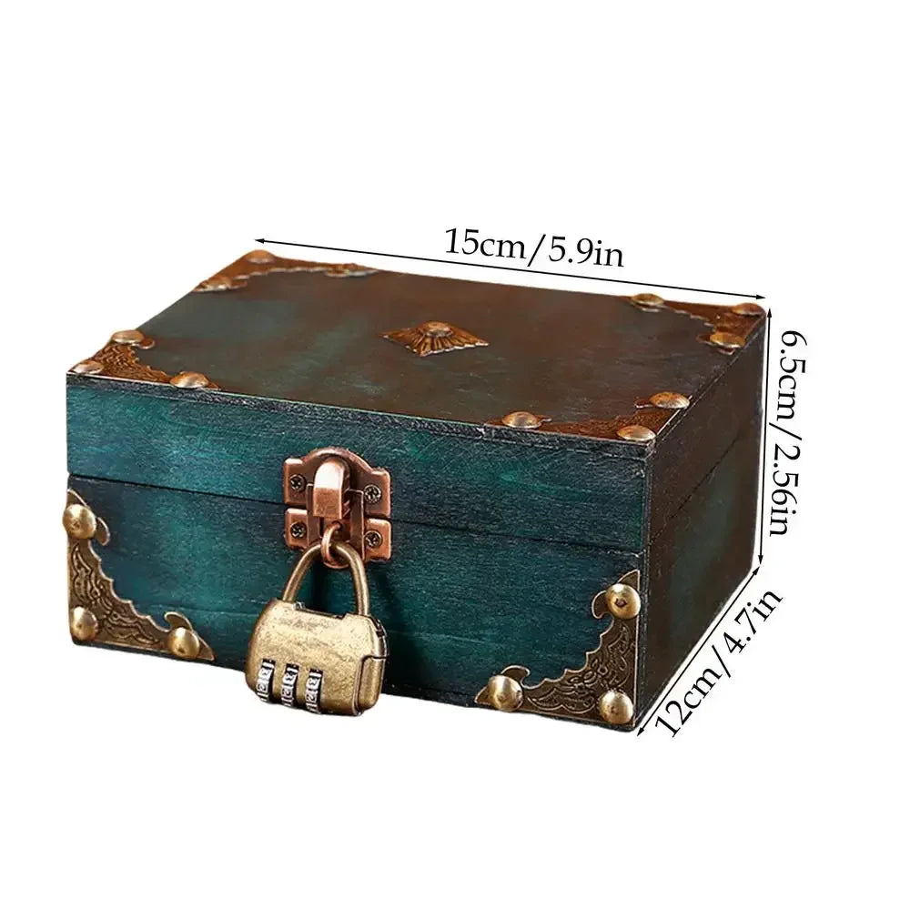 Teal and brown vintage-style wooden treasure box with brass accents and combination lock for compact size home decor