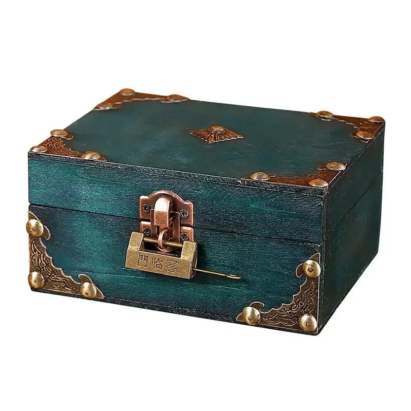 Teal leather-trimmed vintage-style treasure box with brass hardware and ornate corners for compact size home decor