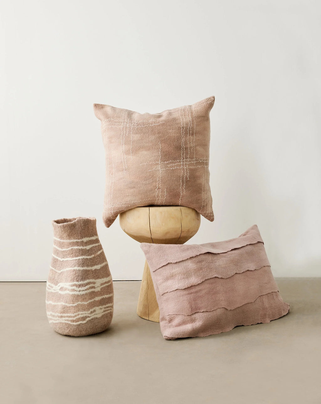 Tribal Lines Dusty Rose Pink Wool Gourd Basket Kanju Interiors