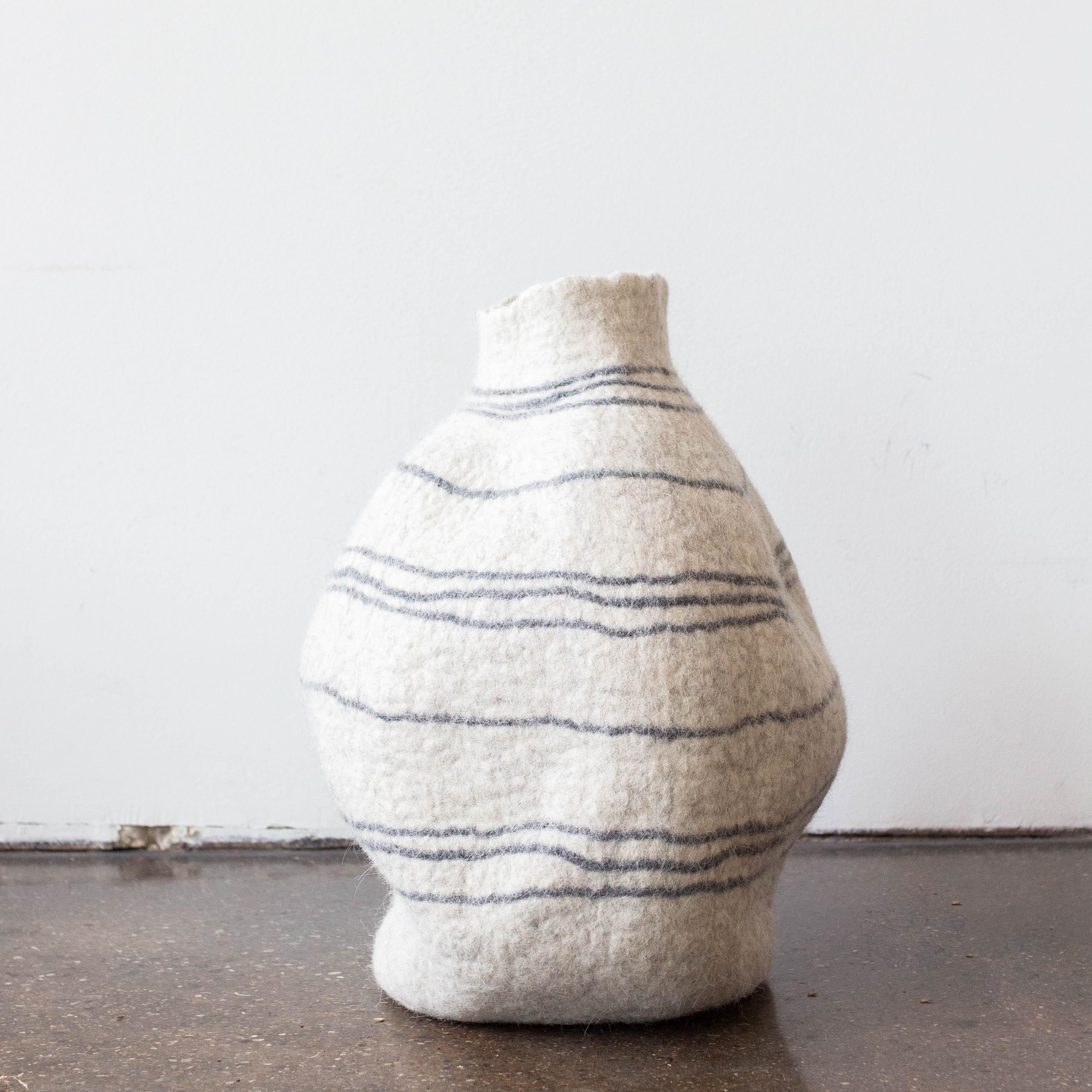 Tribal Lines Hand-Felted Wool Natural White Gourd Basket Kanju Interiors