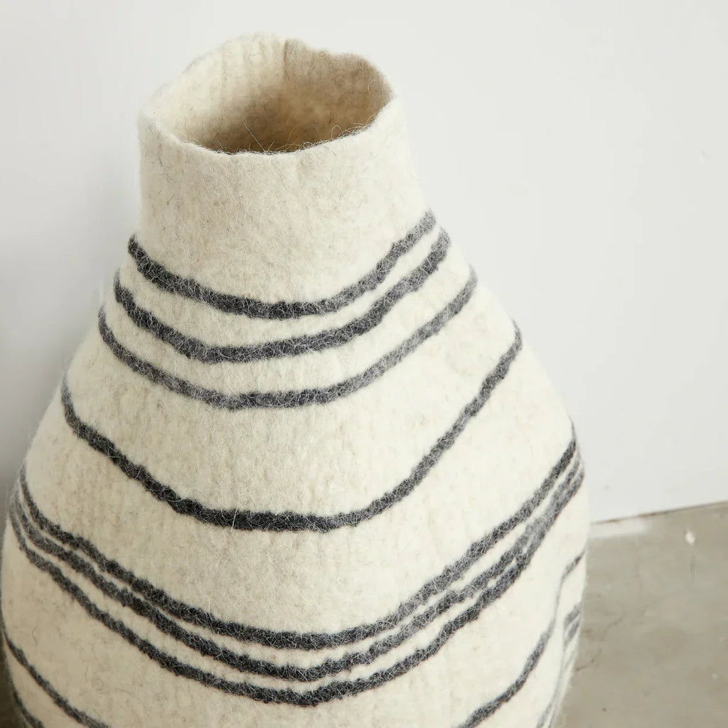 Tribal Lines Hand-Felted Wool Natural White Gourd Basket Kanju Interiors