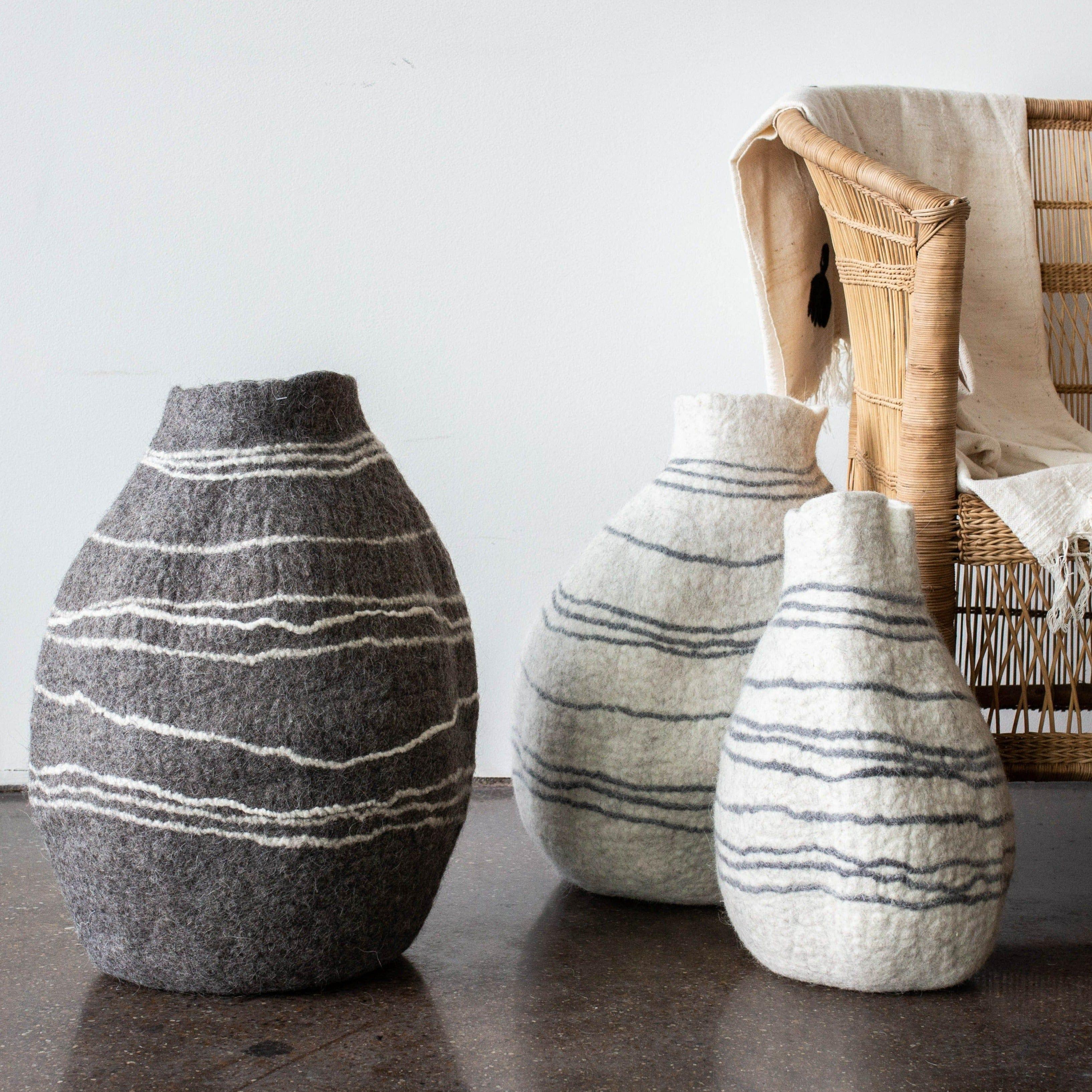 Tribal Lines Hand-Felted Wool Natural White Gourd Basket Kanju Interiors