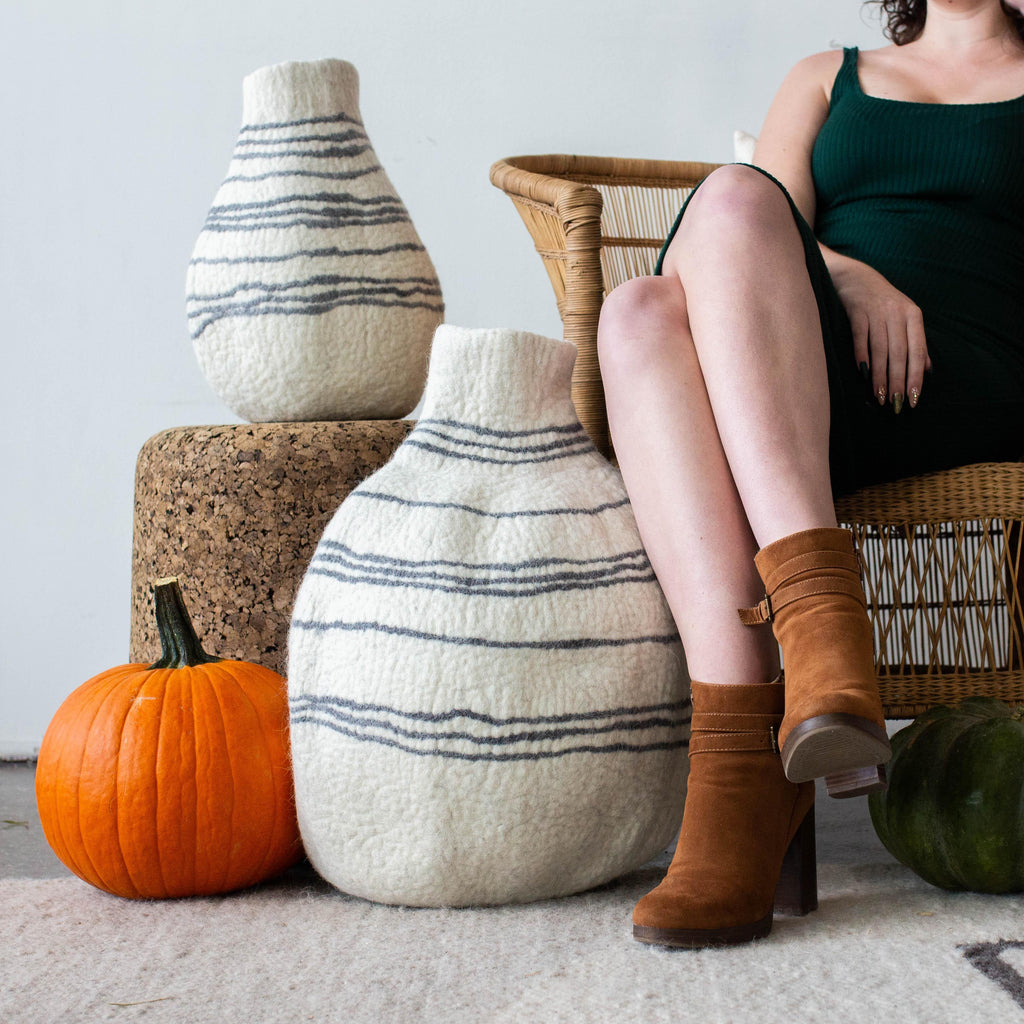 Tribal Lines Hand-Felted Wool Natural White Gourd Basket Kanju Interiors