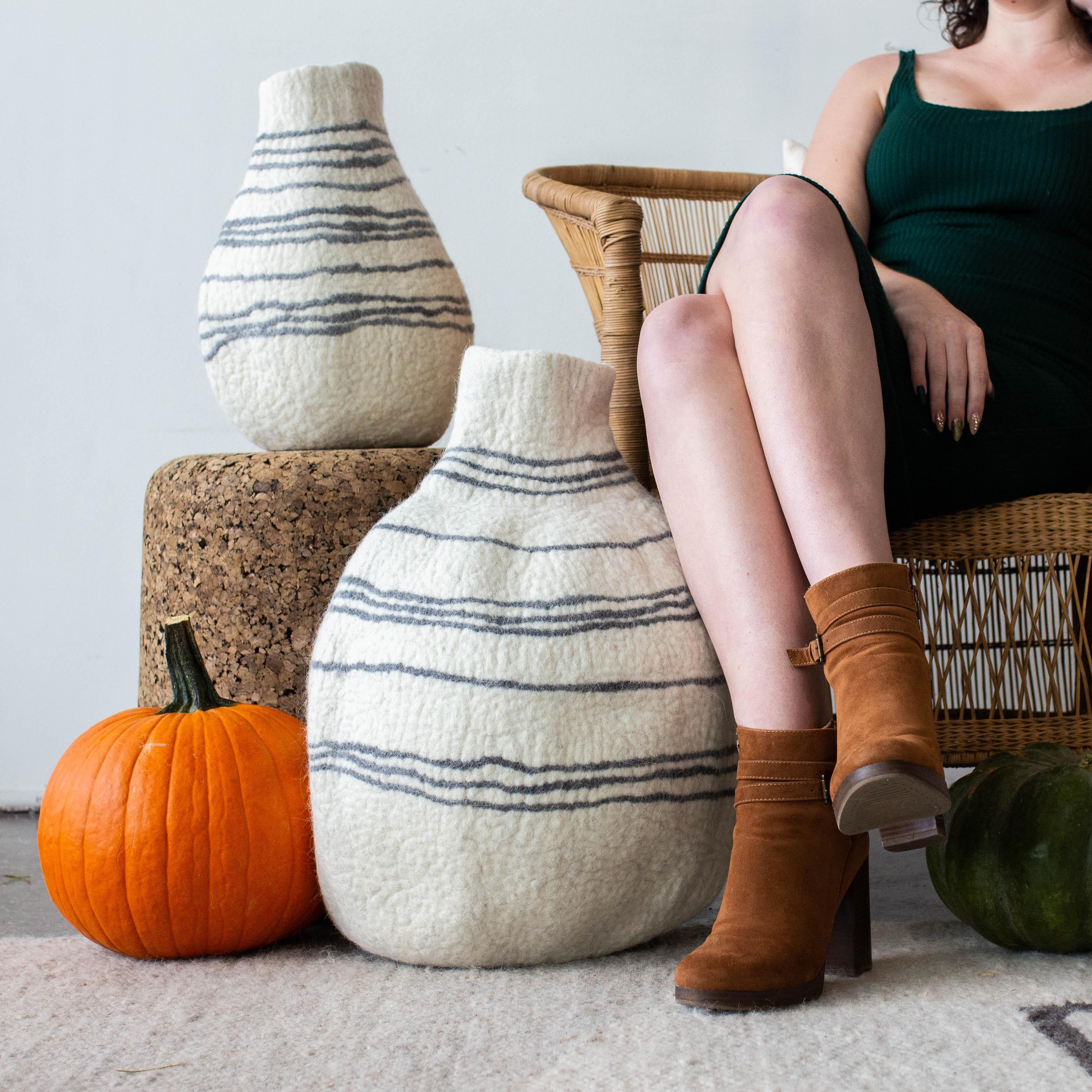 Tribal Lines Hand-Felted Wool Natural White Gourd Basket Kanju Interiors