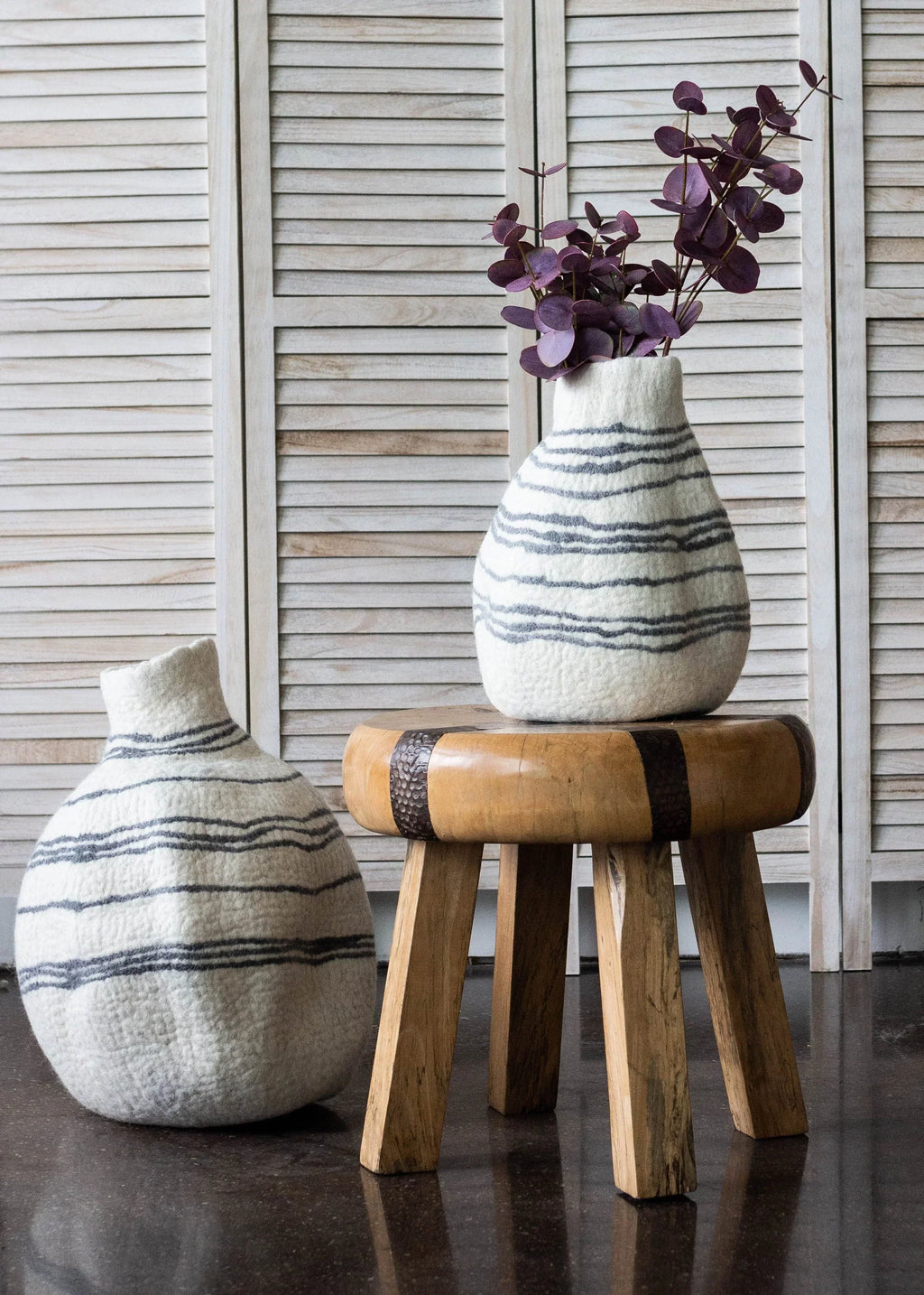 Tribal Lines Hand-Felted Wool Natural White Gourd Basket Kanju Interiors