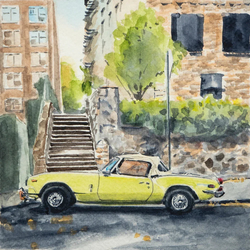 Triumph Spitfire on Cabrini, Nyc, Watercolor Painting, back view - House Of Avana