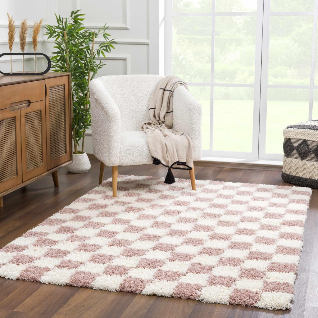 Atira Pink Checkered Area Rug Hauteloom