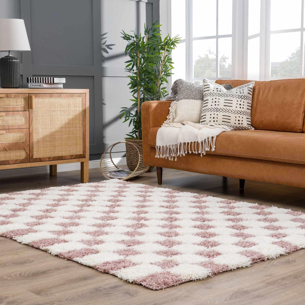 Atira Pink Checkered Area Rug Hauteloom