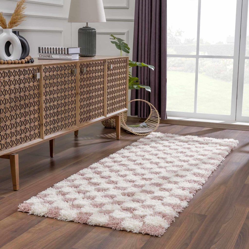 Atira Pink Checkered Area Rug Hauteloom