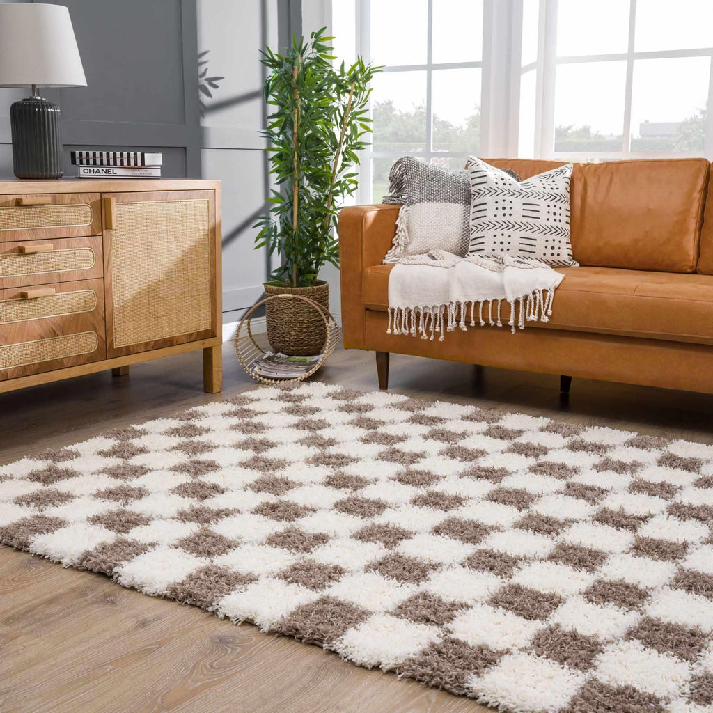 Atira Brown Checkered Area Rug Hauteloom