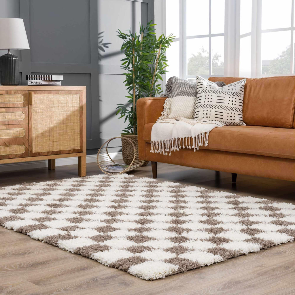 Atira Brown Checkered Area Rug Hauteloom
