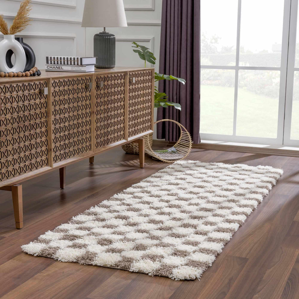 Atira Brown Checkered Area Rug Hauteloom