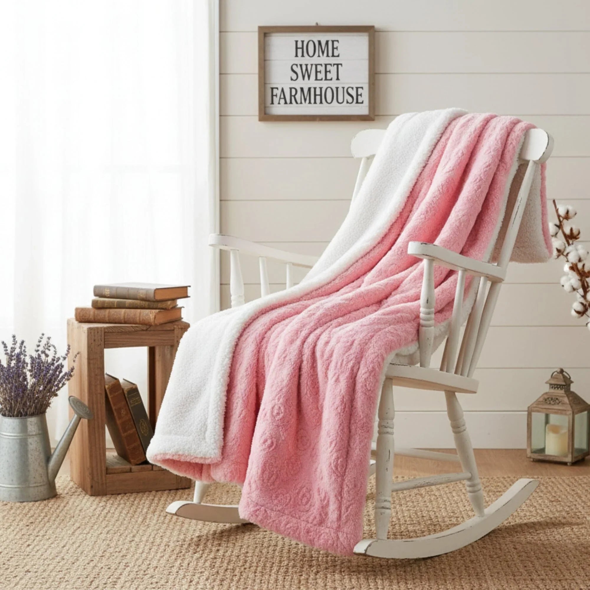 DaDa Bedding Luxury Blossom Pink Rose Buds Pink Sherpa Backside Faux Fur Throw Blanket (BL-171752) DaDalogy Bedding Collection