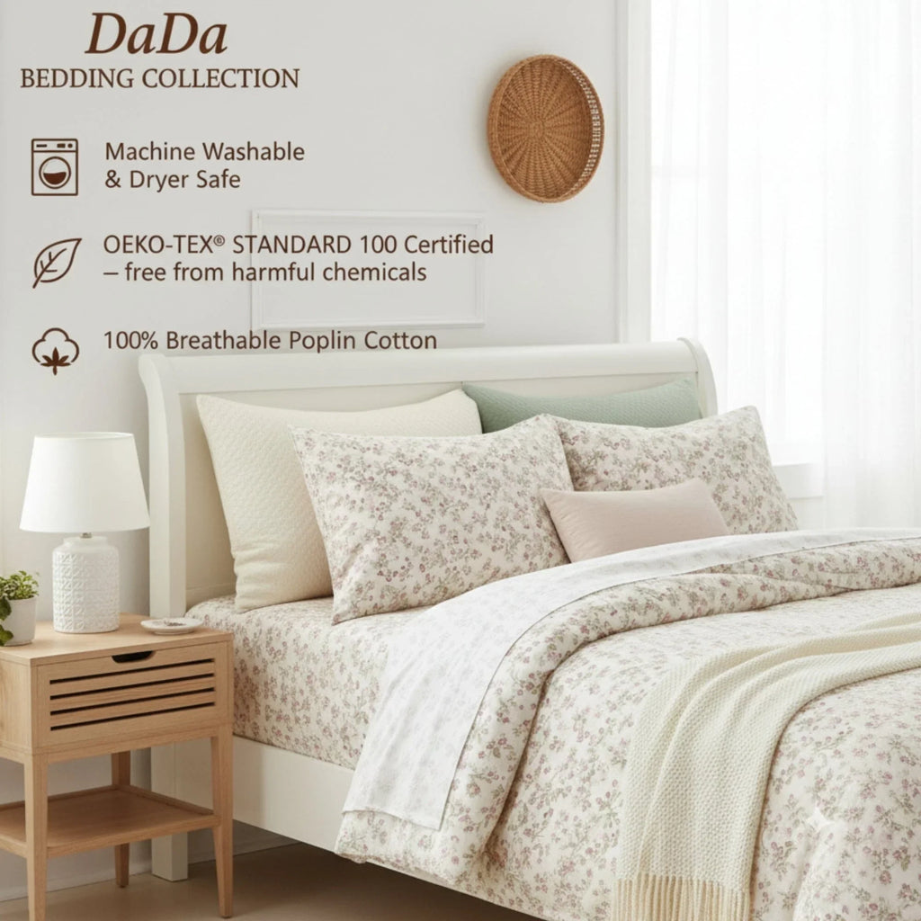 DaDa Bedding Collection Romantic Coquette Sheet Set - 100% Cotton [ Poplin Cotton ] Floral Fitted & Flat Sheets with Pillowcases - Deep Pocket Design - Soft, Breathable, Wrinkle-Resistant DaDalogy Bedding Collection