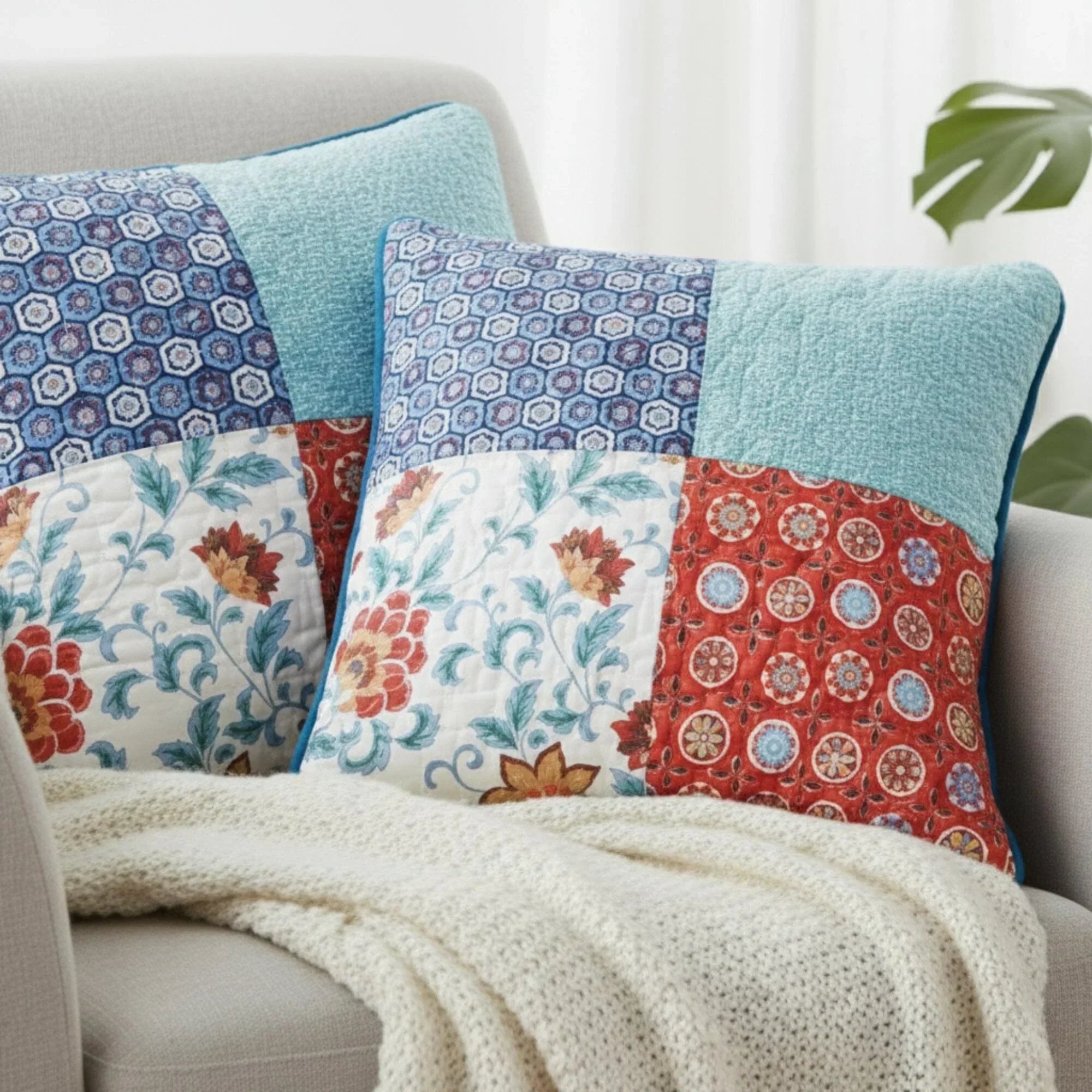 DaDa Bedding Set of 2-Pieces Bohemian Vibes Patchwork Floral Throw Pillow Covers, 18" x 18" (JHW878) DaDalogy Bedding Collection