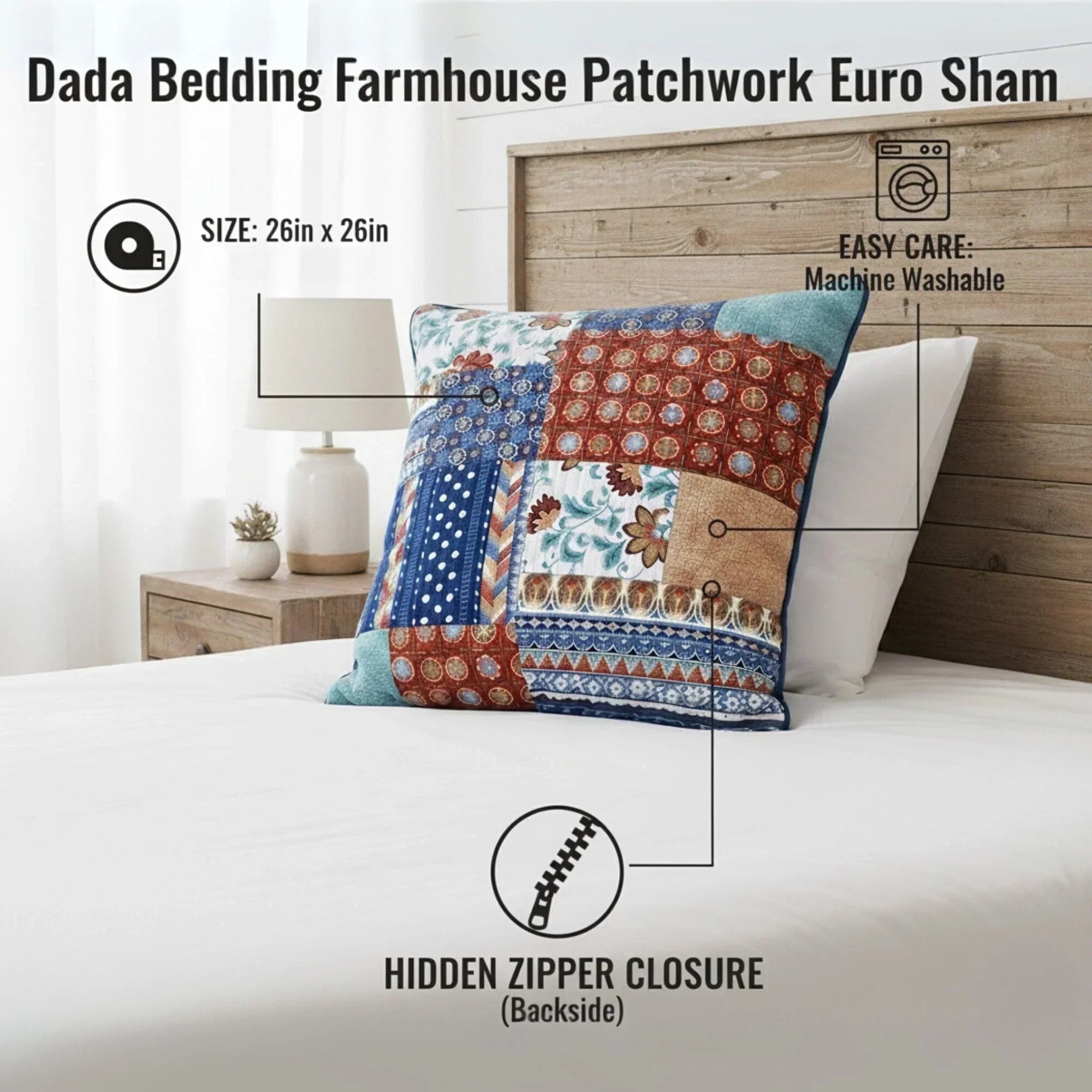 DaDa Bedding Bohemian Vibes Patchwork Floral Euro Pillow Sham Cover, 26" x 26" (JHW878) DaDalogy Bedding Collection
