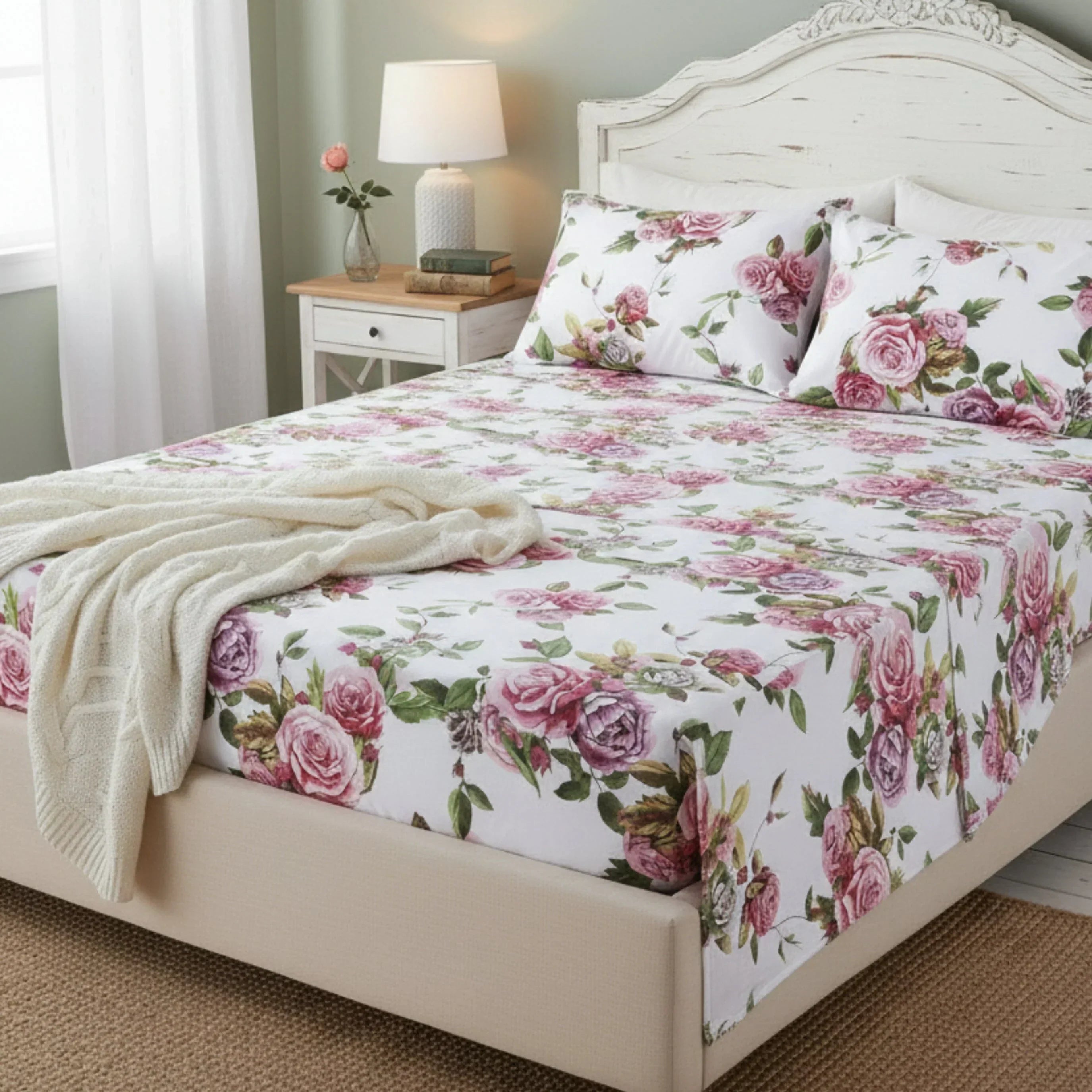 DaDa Bedding Romantic Roses Lovely Spring Pink Floral Garden Fitted & Flat Bed Sheet Set w/ Pillow Cases (JHW879) DaDalogy Bedding Collection