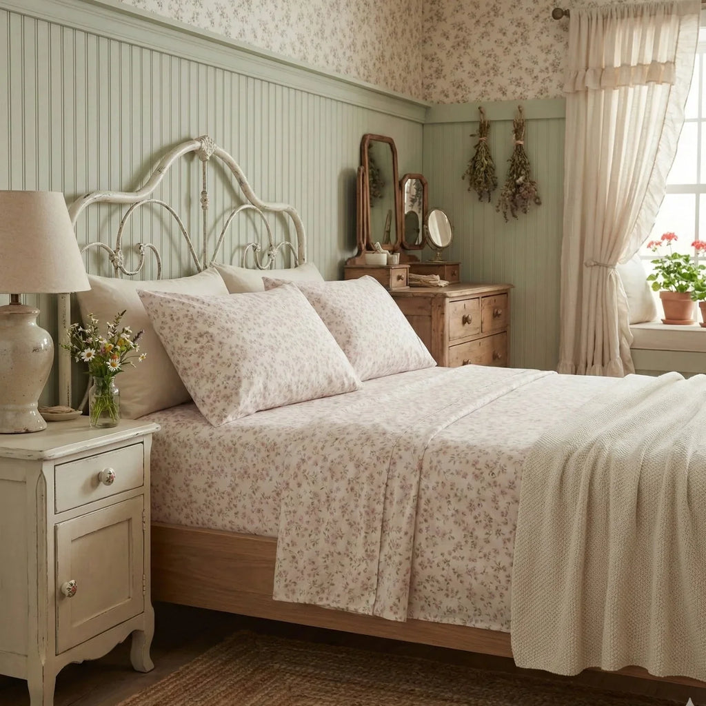 DaDa Bedding Collection Romantic Coquette Sheet Set - 100% Cotton [ Poplin Cotton ] Floral Fitted & Flat Sheets with Pillowcases - Deep Pocket Design - Soft, Breathable, Wrinkle-Resistant DaDalogy Bedding Collection