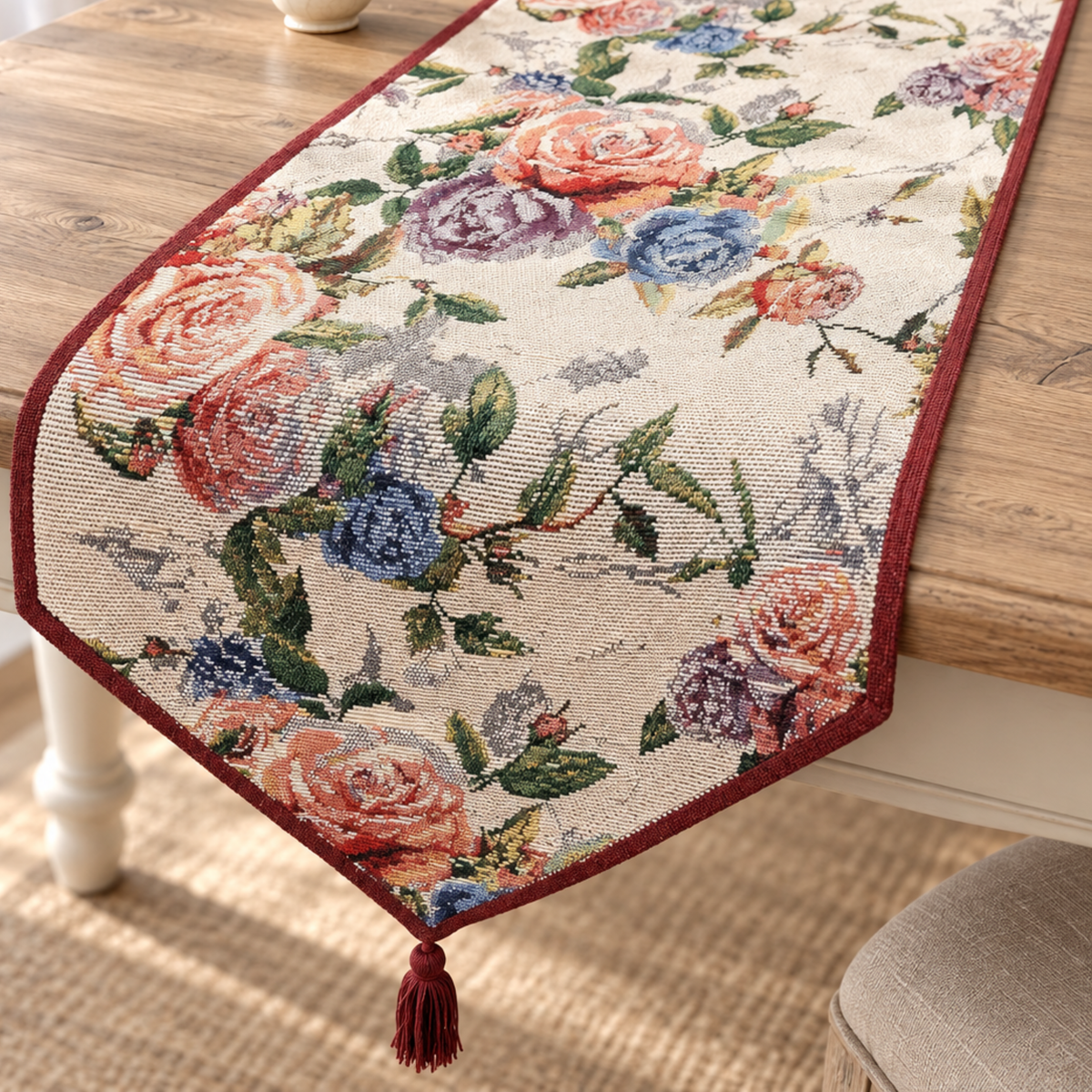DaDa Bedding Vintage Romantic Roses Lovely Pink Floral Woven Tapestry Dining Table Runner (879)