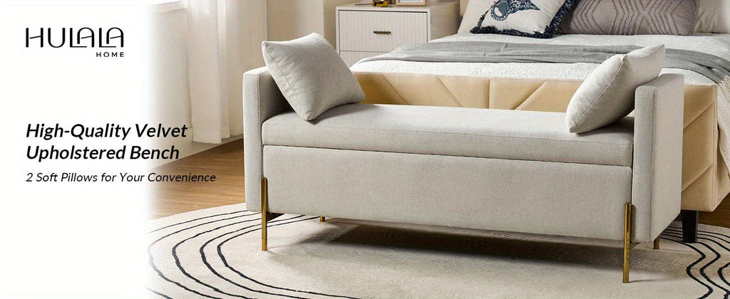 [Modern Storage Ottoman] Comfy Modern Storage Ottoman Bench with Throw Pillows - Metal Leg Bedroom Bench for End of Bed, Entryway - Mustard House Of Avana [[SKU:HOA-BEN-005]]