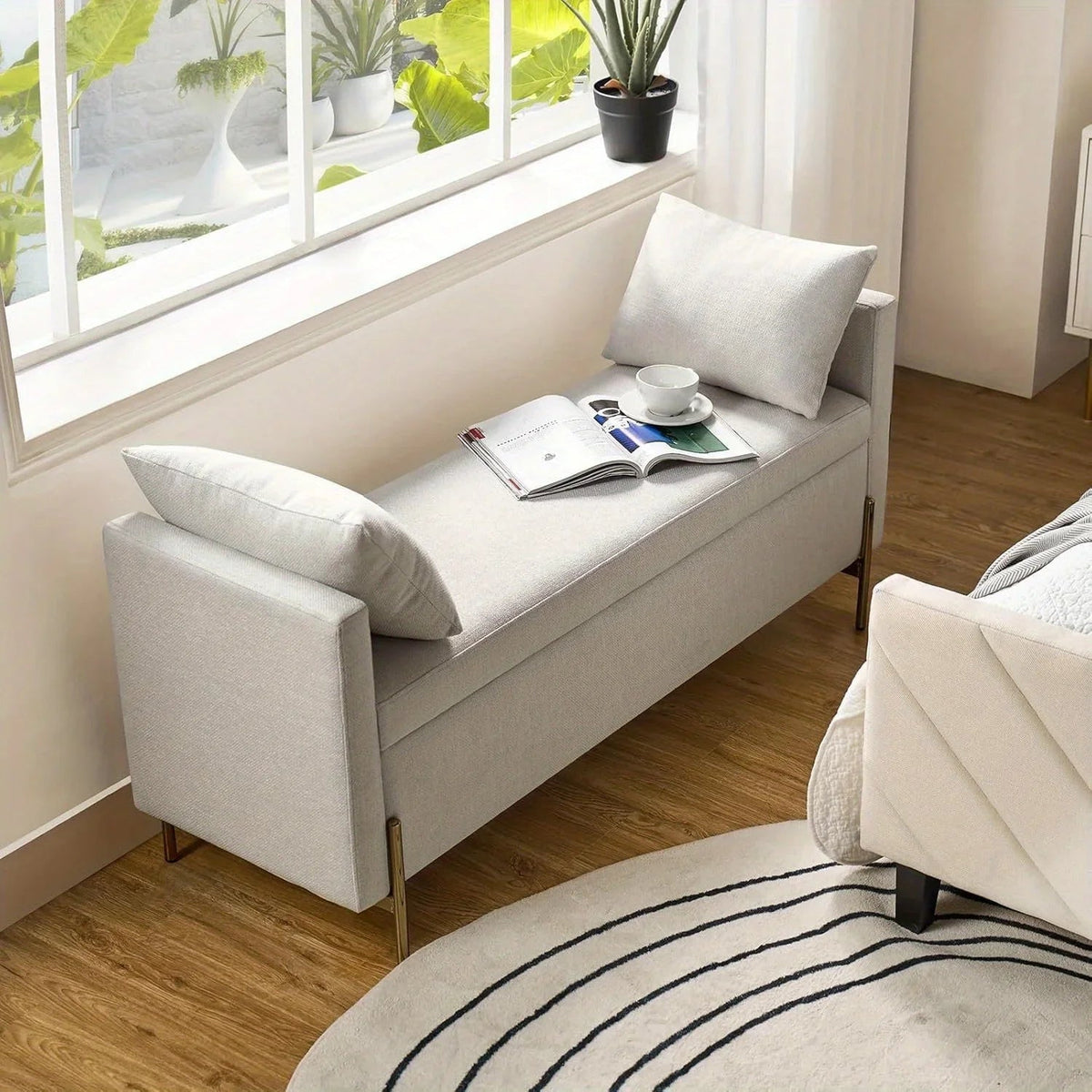 [Modern Storage Ottoman] Comfy Modern Storage Ottoman Bench with Throw Pillows - Metal Leg Bedroom Bench for End of Bed, Entryway - Mustard House Of Avana [[SKU:HOA-BEN-005]]
