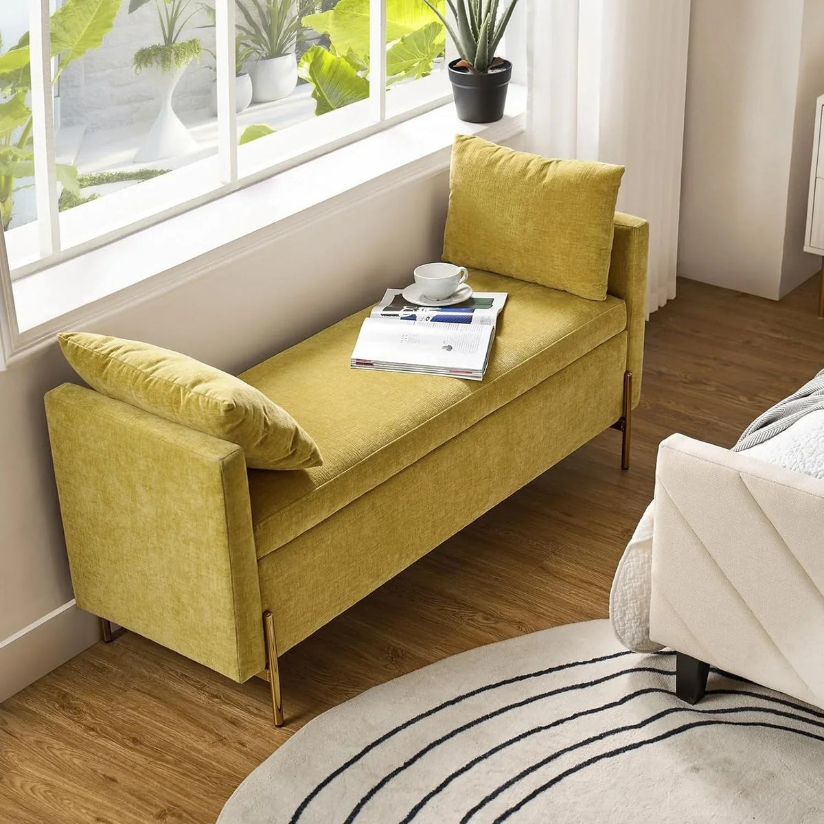 [Modern Storage Ottoman] Comfy Modern Storage Ottoman Bench with Throw Pillows - Metal Leg Bedroom Bench for End of Bed, Entryway - Mustard House Of Avana [[SKU:HOA-BEN-005]]
