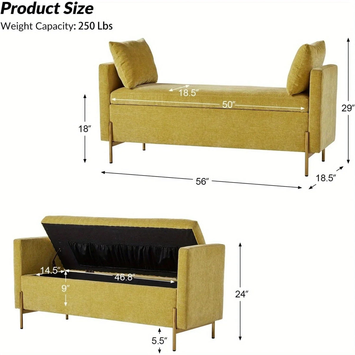 [Modern Storage Ottoman] Comfy Modern Storage Ottoman Bench with Throw Pillows - Metal Leg Bedroom Bench for End of Bed, Entryway - Mustard House Of Avana [[SKU:HOA-BEN-005]]