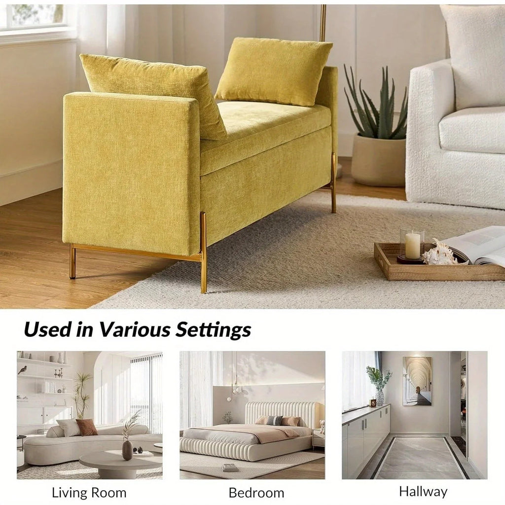 [Modern Storage Ottoman] Comfy Modern Storage Ottoman Bench with Throw Pillows - Metal Leg Bedroom Bench for End of Bed, Entryway - Mustard House Of Avana [[SKU:HOA-BEN-005]]