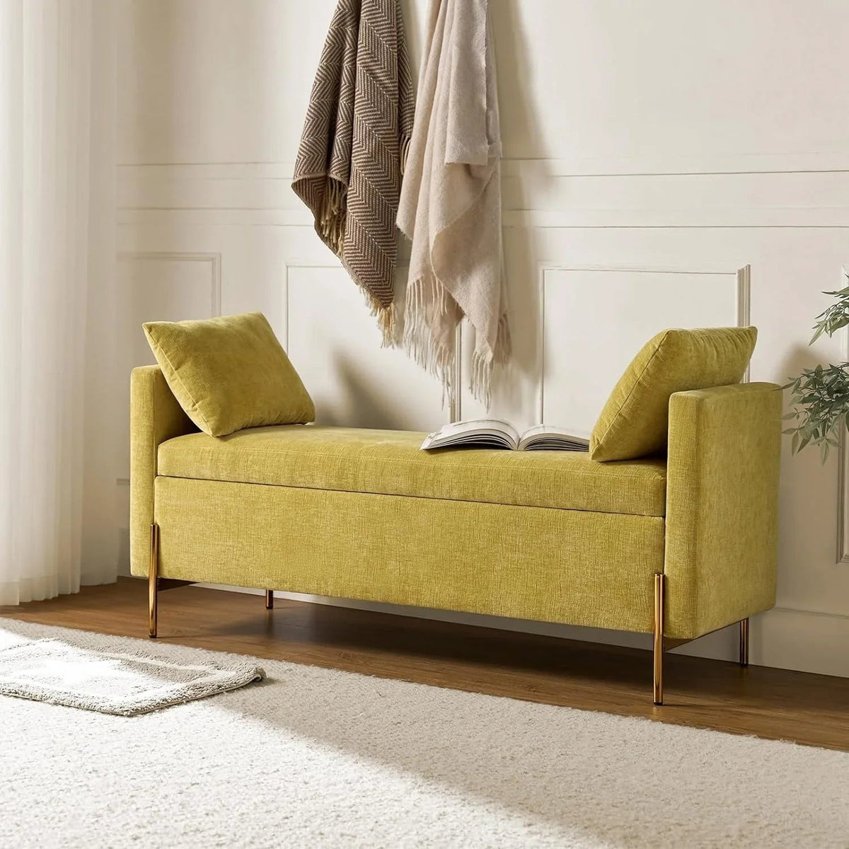 [Modern Storage Ottoman] Comfy Modern Storage Ottoman Bench with Throw Pillows - Metal Leg Bedroom Bench for End of Bed, Entryway - Mustard House Of Avana [[SKU:HOA-BEN-005]]