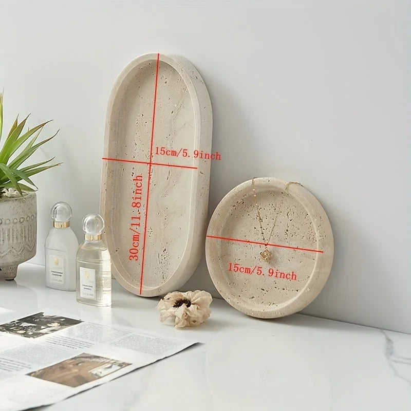 One Piece of Natural Travertine Stone Vanity Tray Designed for Bathroom Use, Perfect for Organizing Perfumes And Cosmetics. This Round Decorative Tray in Beige Is Also Suitable for Kitchen Organization And Home Decor. House Of Avana [[SKU:HOA-TRK-001]]
