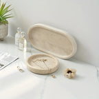 One Piece of Natural Travertine Stone Vanity Tray Designed for Bathroom Use, Perfect for Organizing Perfumes And Cosmetics. This Round Decorative Tray in Beige Is Also Suitable for Kitchen Organization And Home Decor. House Of Avana [[SKU:HOA-TRK-001]]