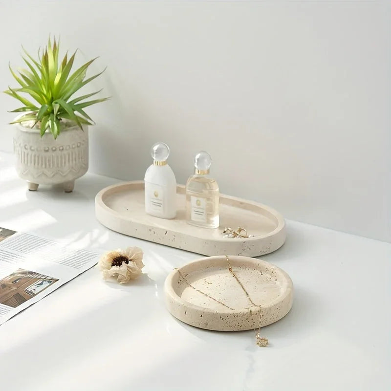 One Piece of Natural Travertine Stone Vanity Tray Designed for Bathroom Use, Perfect for Organizing Perfumes And Cosmetics. This Round Decorative Tray in Beige Is Also Suitable for Kitchen Organization And Home Decor. House Of Avana [[SKU:HOA-TRK-001]]