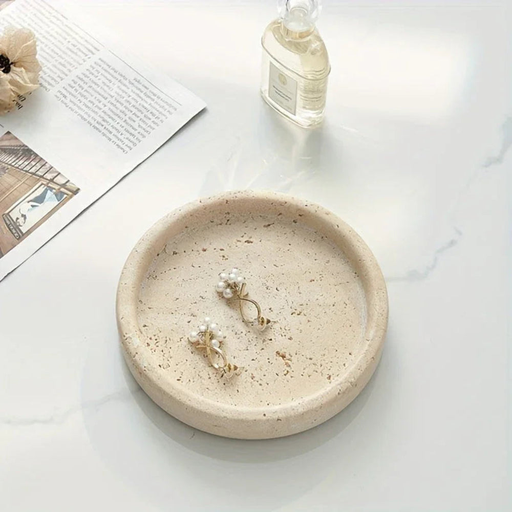 One Piece of Natural Travertine Stone Vanity Tray Designed for Bathroom Use, Perfect for Organizing Perfumes And Cosmetics. This Round Decorative Tray in Beige Is Also Suitable for Kitchen Organization And Home Decor. House Of Avana [[SKU:HOA-TRK-001]]