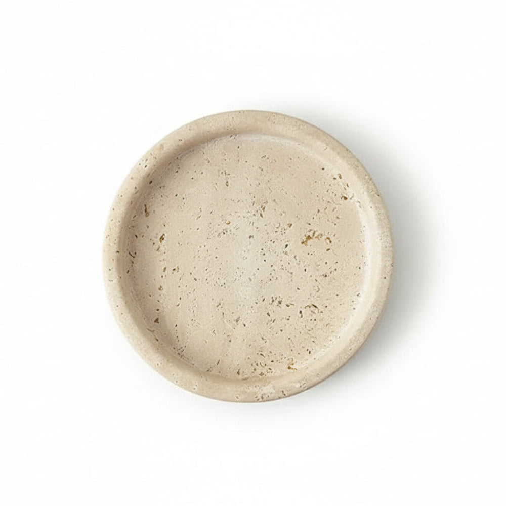 One Piece of Natural Travertine Stone Vanity Tray Designed for Bathroom Use, Perfect for Organizing Perfumes And Cosmetics. This Round Decorative Tray in Beige Is Also Suitable for Kitchen Organization And Home Decor. House Of Avana