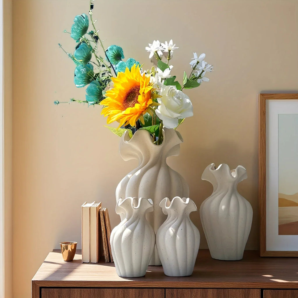 Ceramic Vase Set, White and Beige, Large, Medium and Small Sizes, texture detail - House Of Avana