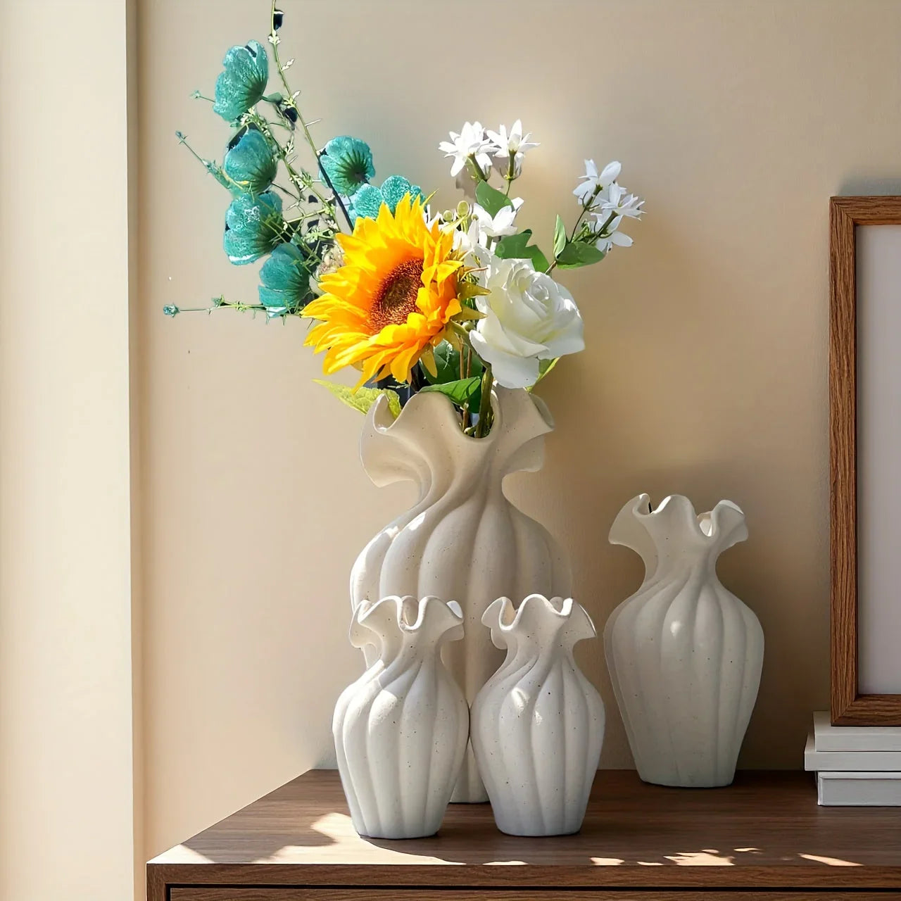 Ceramic Vase Set, White and Beige, Large, Medium and Small Sizes, alternate view - House Of Avana