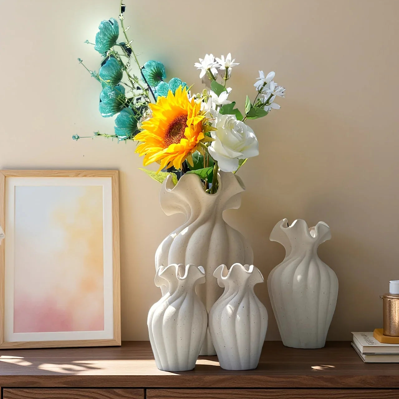 Ceramic Vase Set, White and Beige, Large, Medium and Small Sizes, lifestyle image - House Of Avana