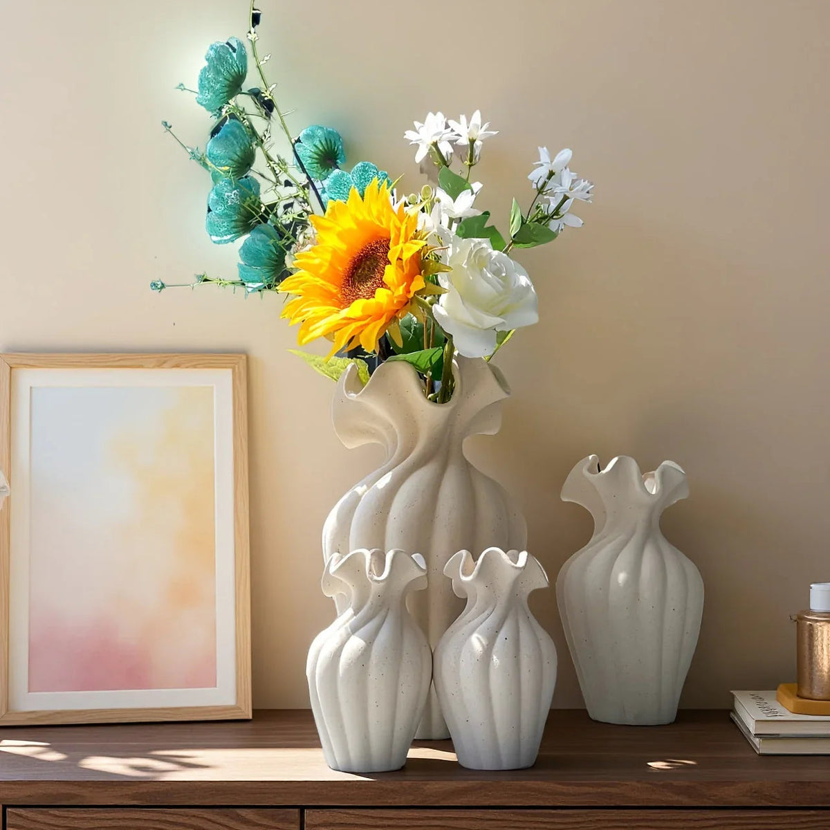 Ceramic Vase Set, White and Beige, Large, Medium and Small Sizes, lifestyle image - House Of Avana [[SKU:HOA-VAS-407]]