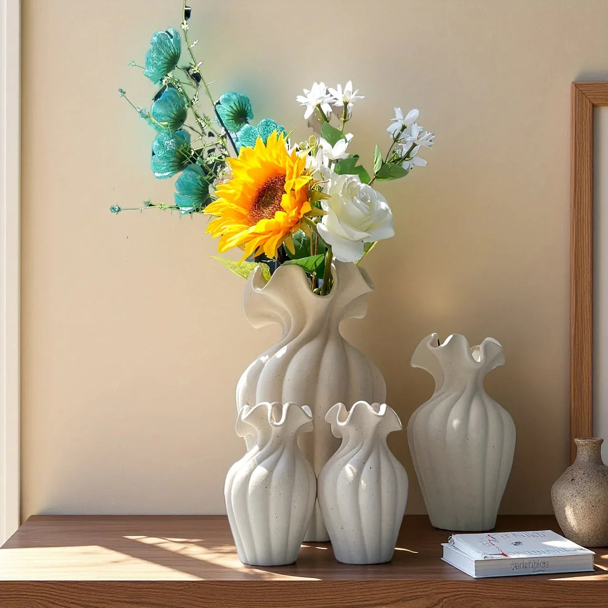 Ceramic Vase Set, White and Beige, Large, Medium and Small Sizes, angled view - House Of Avana [[SKU:HOA-VAS-407]]