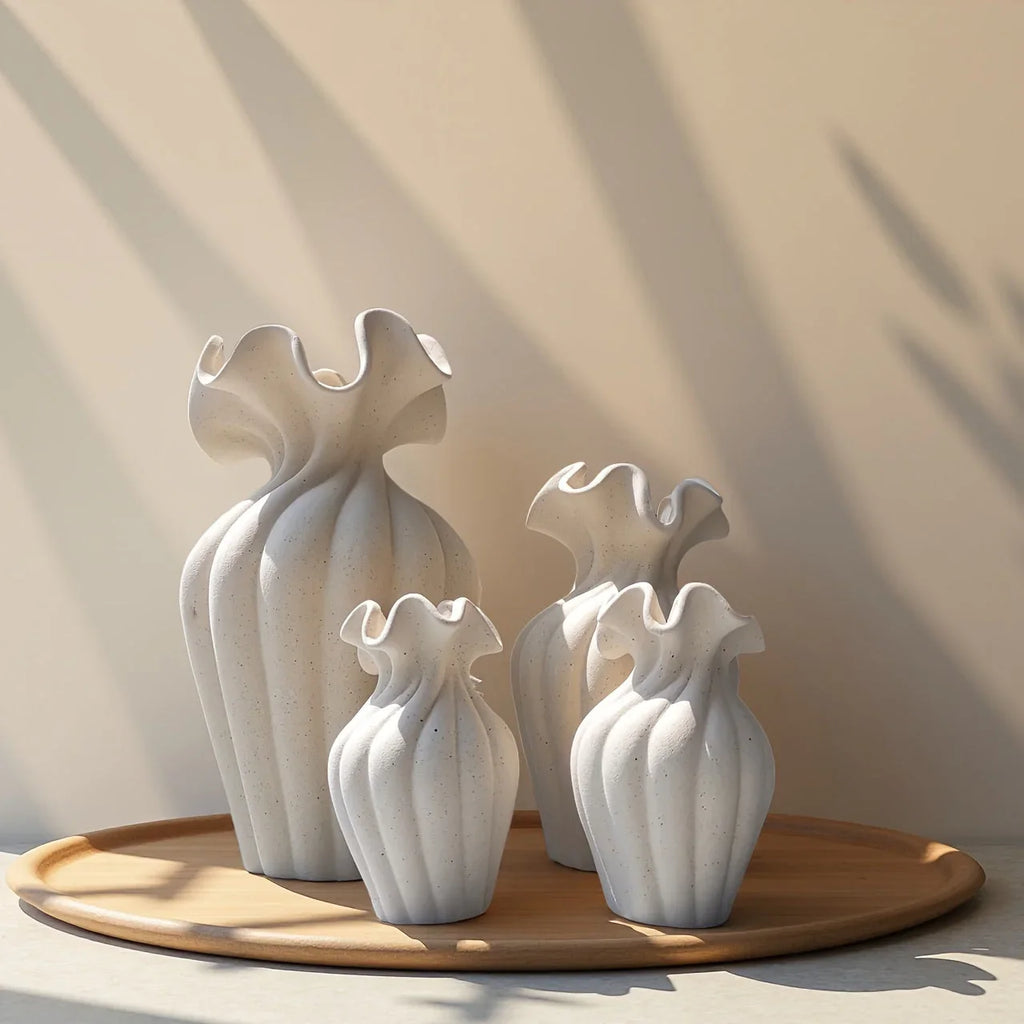 Ceramic Vase Set, White and Beige, Large, Medium and Small Sizes, front view - House Of Avana