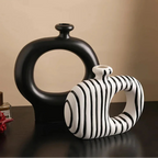 Ceramic Zebra Stripes Vase with Artificial Flowers, Modern Floral Decor, front view - House Of Avana