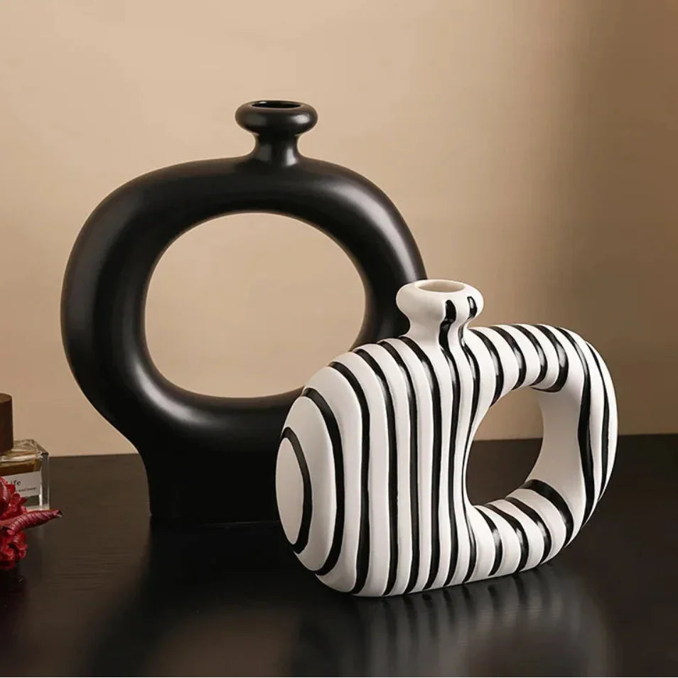 Ceramic Zebra Stripes Vase with Artificial Flowers, Modern Floral Decor, front view - House Of Avana
