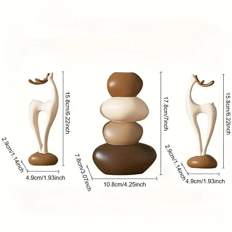 Resin Stacked Stone Vase and Deer Figurine Set, Layered Ornaments, angled view - House Of Avana