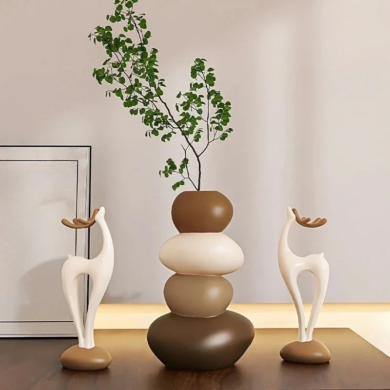 Resin Stacked Stone Vase and Deer Figurine Set, Layered Ornaments, angled view - House Of Avana [[SKU:HOA-VAS-005]]
