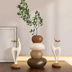 Resin Stacked Stone Vase and Deer Figurine Set, Layered Ornaments, angled view - House Of Avana [[SKU:HOA-VAS-005]]
