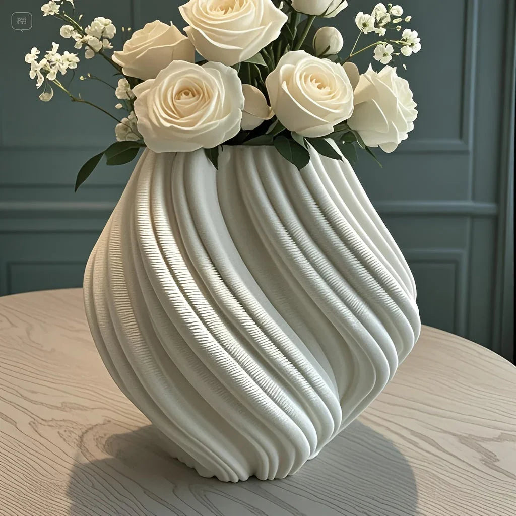 Ceramic Vase with Geometric Ribbed Design, White 3d Printed Decorative Flower Vase, back view - House Of Avana